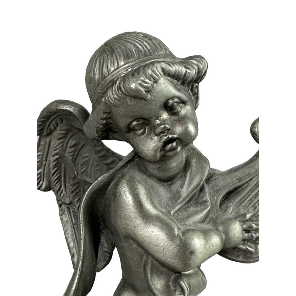 Cherub Baby Angel Playing Harp Figurine 6" Vintage Pewter Italy